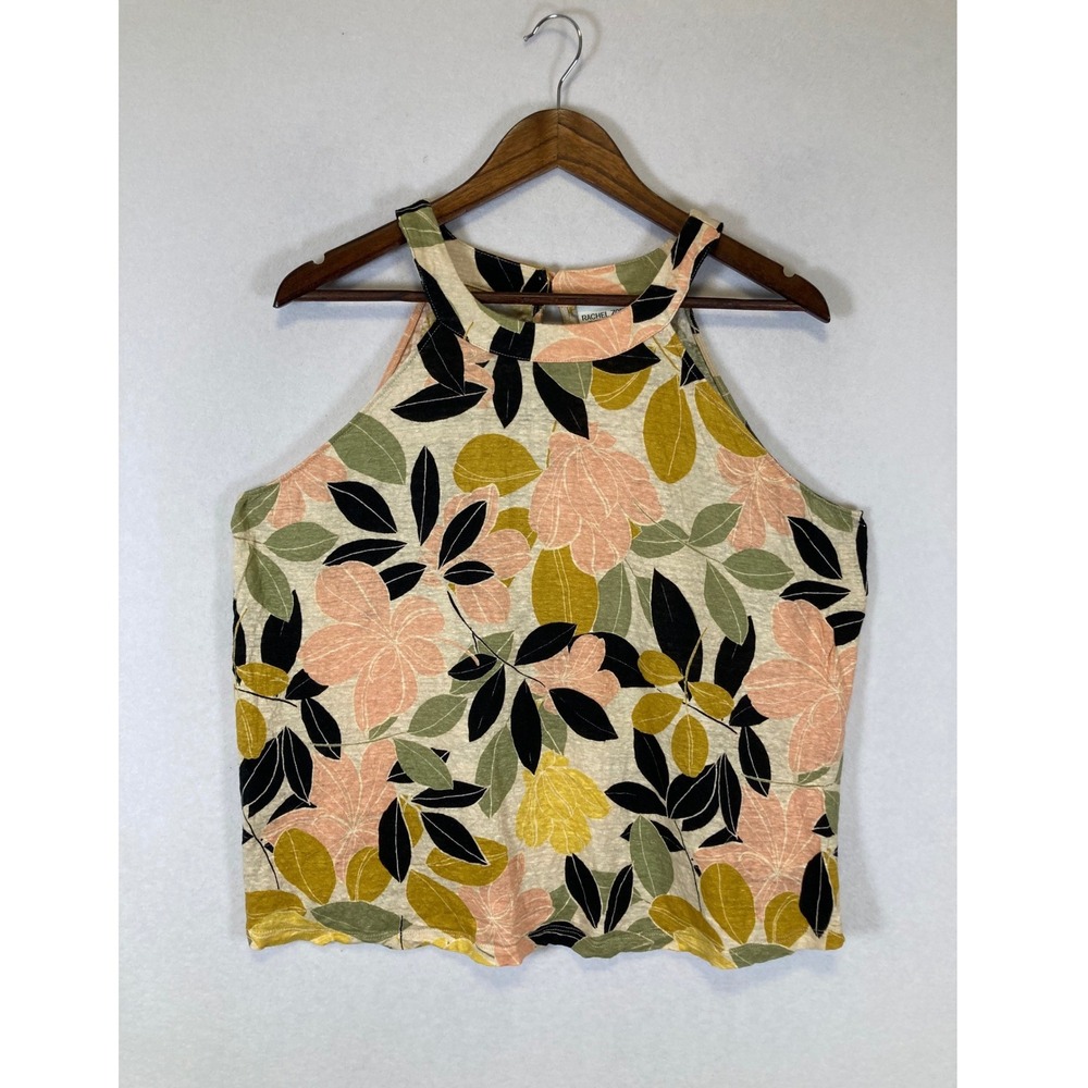 Boho Rachel Zoe Women 2X Multicolor Floral‎ 100% Linen Halter Neck Tank Top
